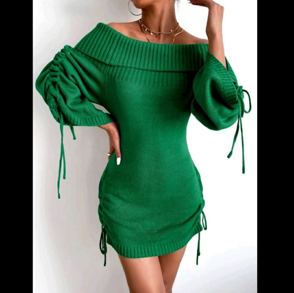 Off Shoulder Drawstring Ruched Sweater Dress - image 1